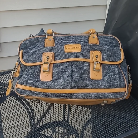 Cambridge Vintage Gray Tweed and Leather Carry-On Satchel Weekender Bag - Picture 2 of 11
